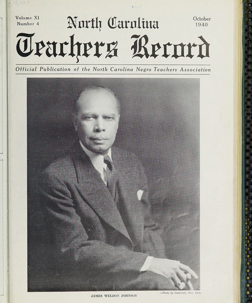 Image of James Weldon Johnson on a journal cover sitting down in a suit. 