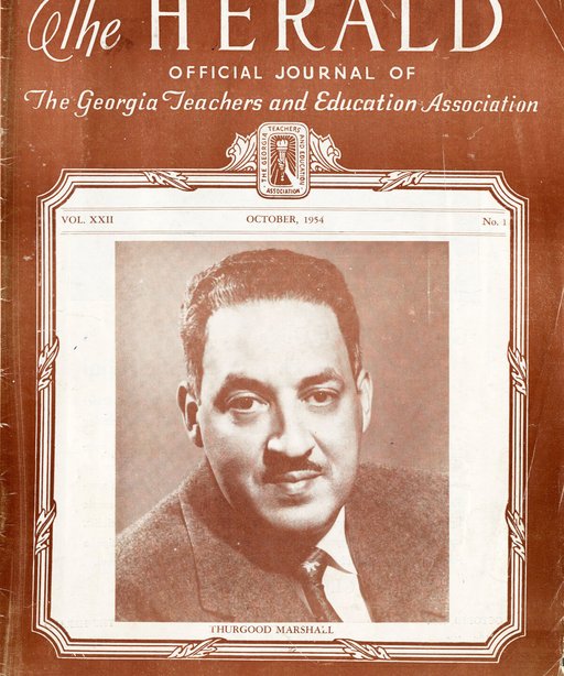 Headshot image of Thurgood Marshall with a blazer and tie on a journal cover.