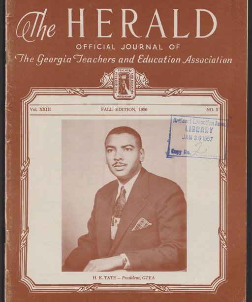 Image of Horace Tate on a journal cover in a suit sitting down. 