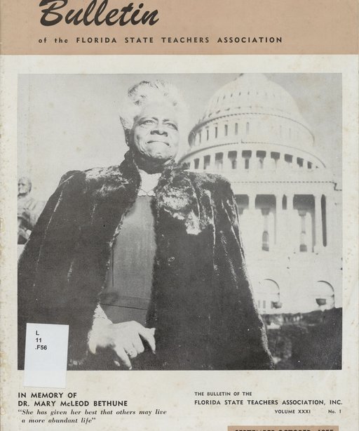 Image of Mary McLeod Bethune on a journal cover in front of the Washington Capital in a fur coat.