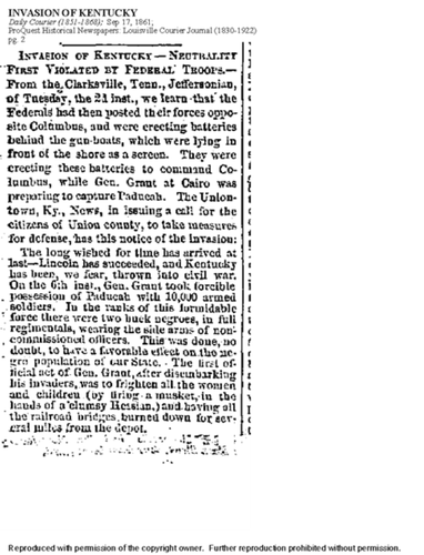 Invasion of Kentucky (Daily Courier, 1851-1868, Sep. 17, 1861, ProQuest Historical Newspaper: Louisville Courier Journal)