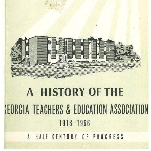 A beige book cover with graphic sun rays hitting a black and white drawing of a school